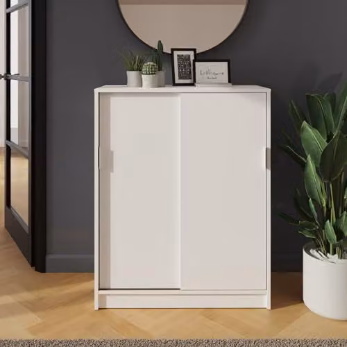 GFW Leighton Sliding Door Shoe Cabinet, White Matt Hallway Storage Unit, W/D/H: 100 x 39 x 80 cm