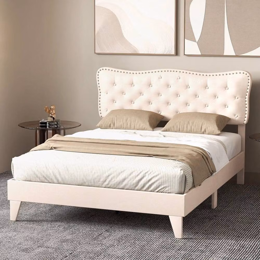 FLAVORA King Upholstered Platform Bed with Wood Slats in Beige, W: 180 cm, D: 200 cm – 2