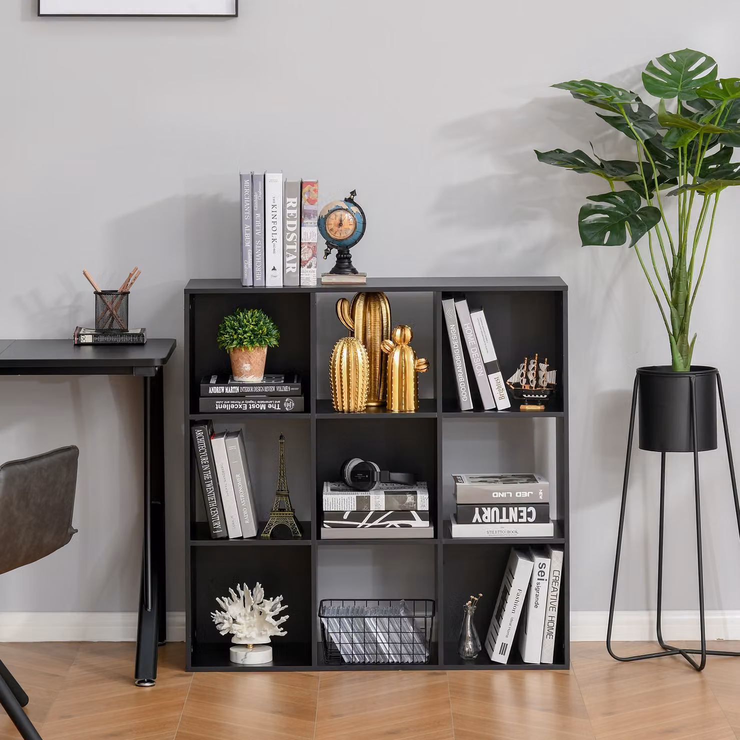HOMCOM 3-Tier 9-Cube Storage Unit and Bookcase Organiser in Black MDF – 2