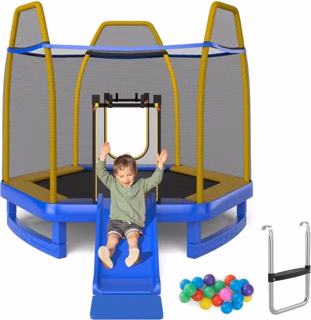 COSTWAY Blue Mini Trampoline with Slide and Safety Net