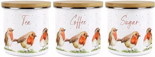 Purely Home English Robins Floral Kitchen Canister Set of 3, Red and White, Airtight Metal and Ceramic Storage with Bamboo Lids