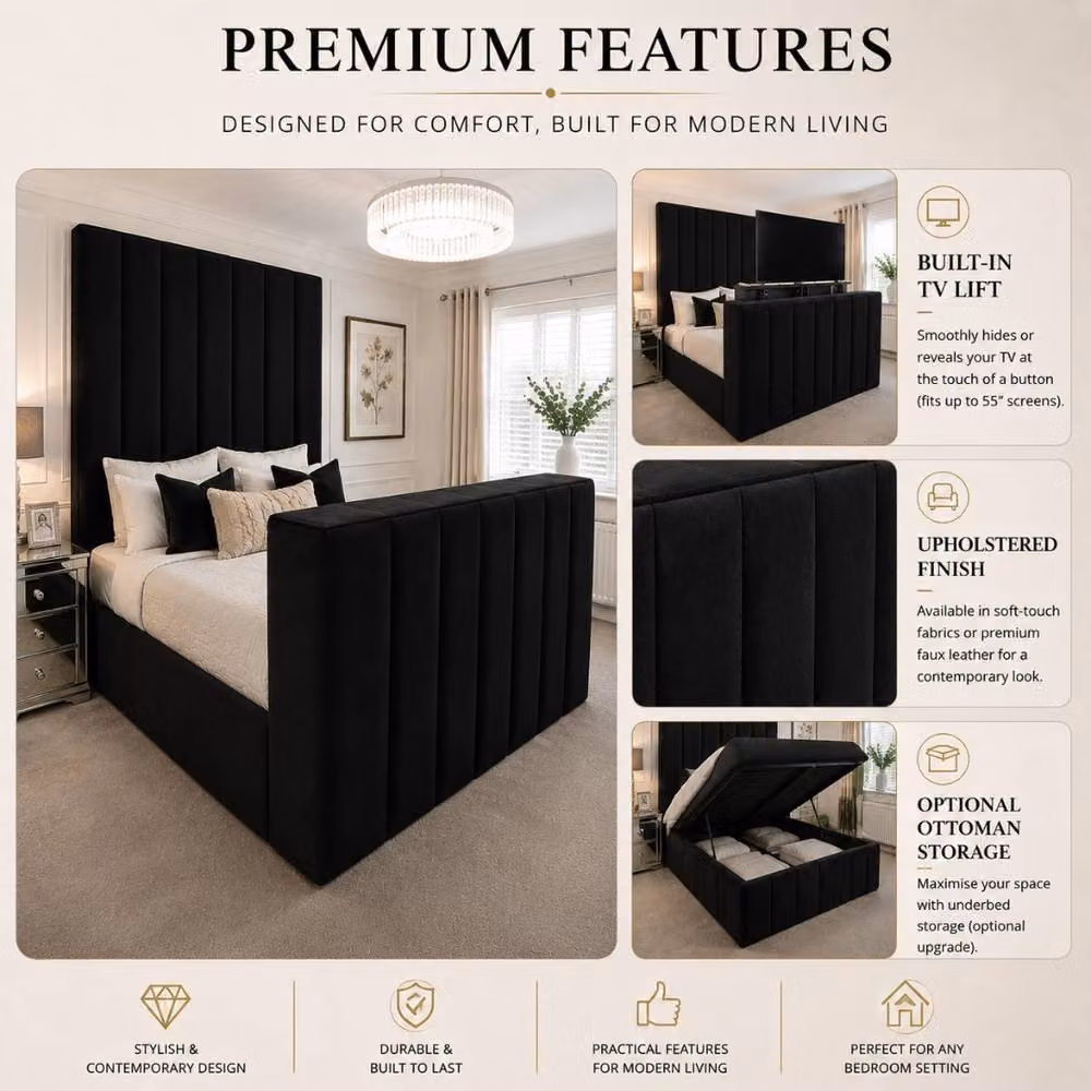 Stratus Interiors Modern Lined Panel Bed with Integrated TV Lift and Divan Ottoman Storage, Black, W/D/H: 200 x 182.88 x 127 cm – 2