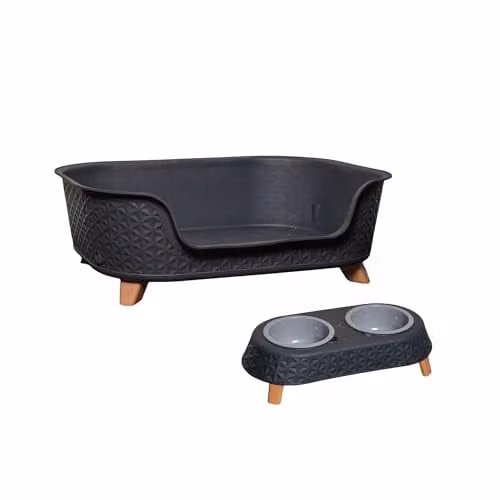Samuel ALEXANDER Grey Plastic Raised Pet Basket with Legs and Double Pet Bowl Feeder Set W/D/H: 77 x 58 x 25 cm – 2