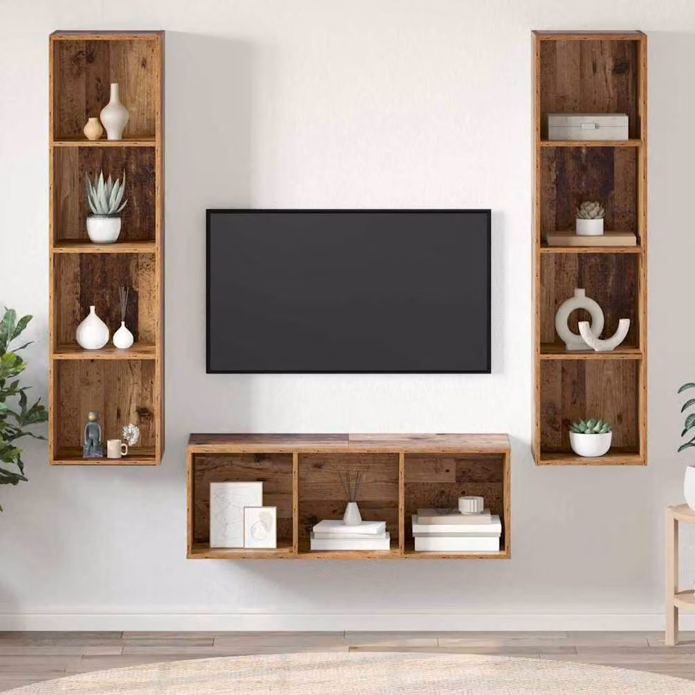 Berkfield Home 3-Piece Modern TV Cabinet Set with Wall-Mounted Shelf and Lowboard in Brown – 2