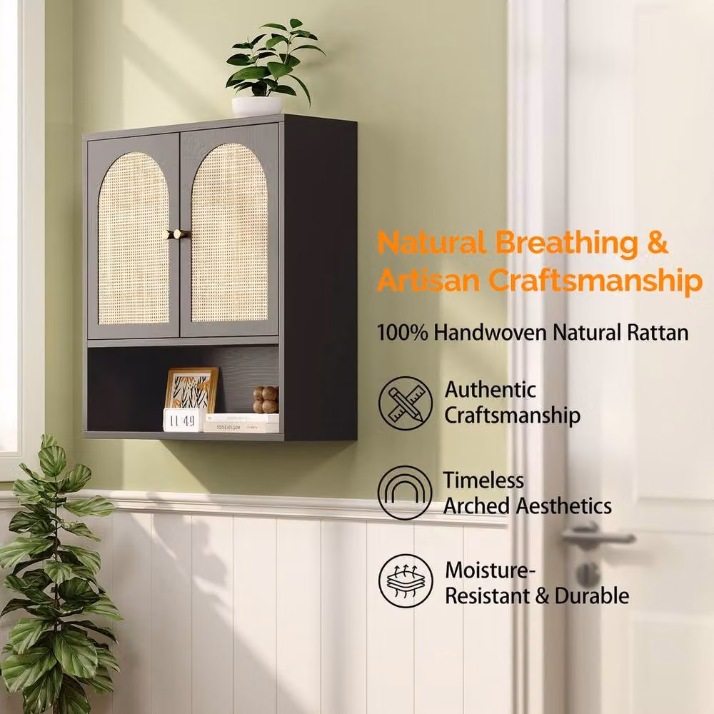 KORVIXA Black Bamboo Wall Mounted Bathroom Cabinet with Hinged Doors and Internal Shelves, W: 90 cm, H: 65 cm – 4