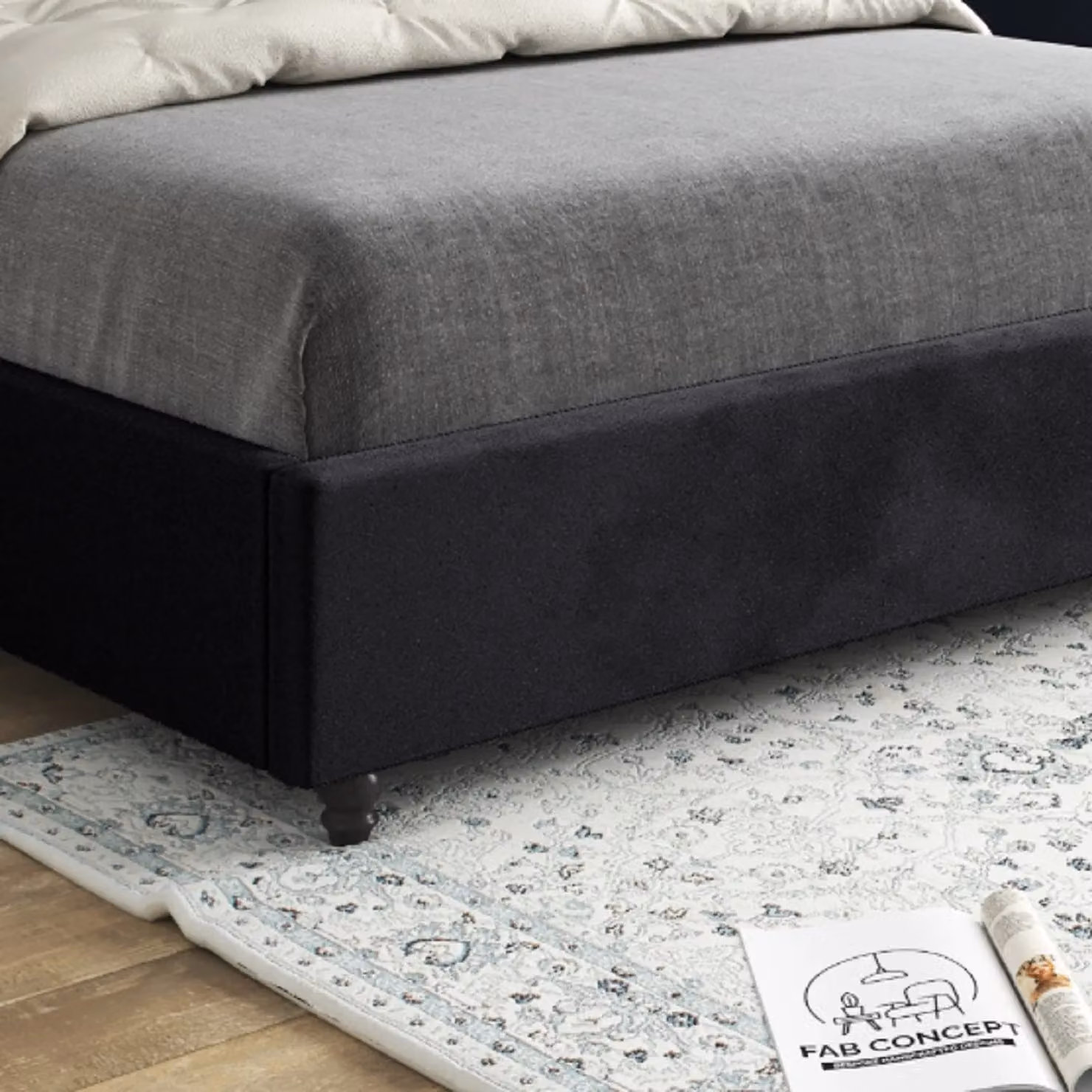 Casani Volta Straight Winged Upholstered Soft Velvet Bed Frame in Black, W/D/H: 128 x 120 x 200 cm – 3