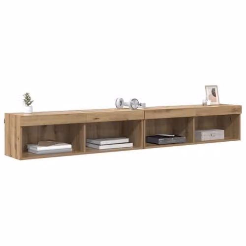 vidaXL 2-Piece TV Cabinet Set in Brown Artisan Oak, featuring a Wall-Mounted Cabinet and Lowboard with Integrated Lighting and Internal Shelves