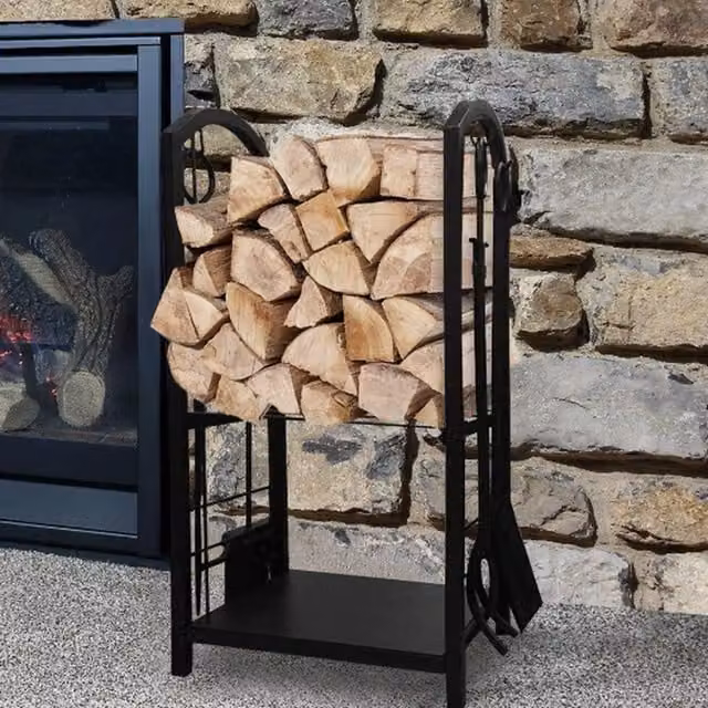 Marco Paul Freestanding Metal Firewood Storage Rack with Shelf in Matt Black or Brown