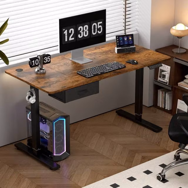 MCC Direct Electric Height Adjustable Computer Desk with Drawer Unit in Walnut Brown