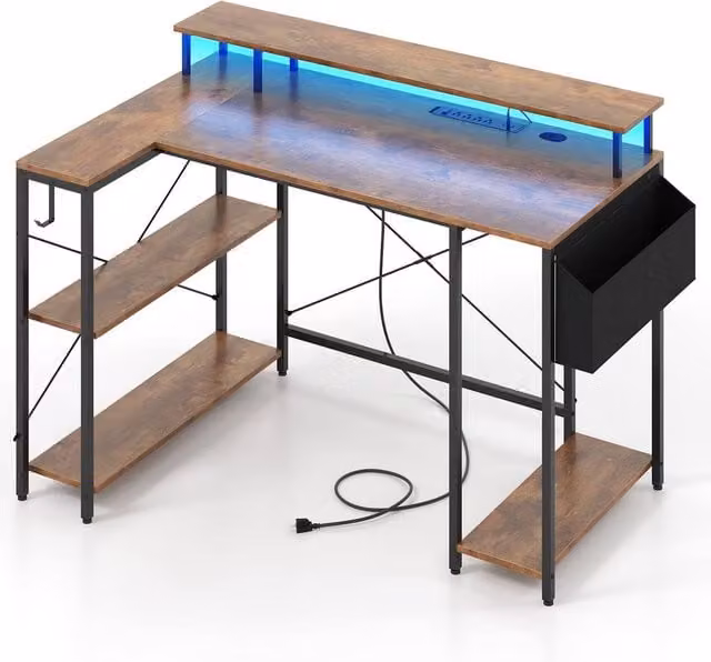 Costway L-Shaped Gaming Desk with LED Lights in Brown – 1