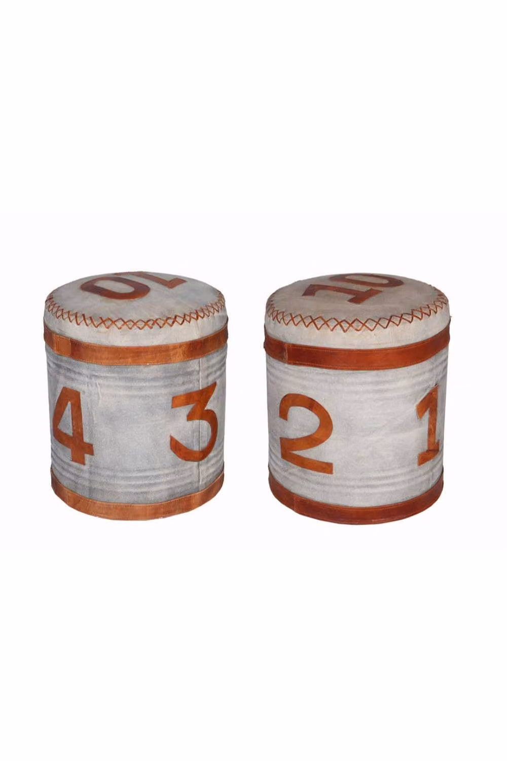IH Design Retro Cylindrical Ottoman in Light Sand with Canvas and Leather Upholstery – 2