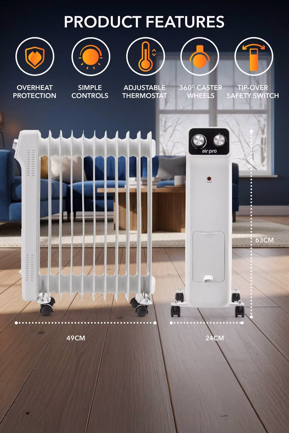 Air Pro White Oil-Filled Electric Radiator 2500W with Adjustable Thermostat and Overheat Protection, W/D/H: 63 x 49 x 30 cm – 8