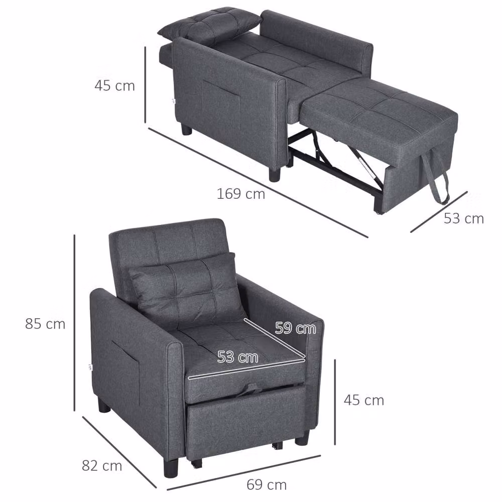 Wyld Haus Remina Grey Linen Look 3 in 1 Single Chair Bed with Armrests – 4