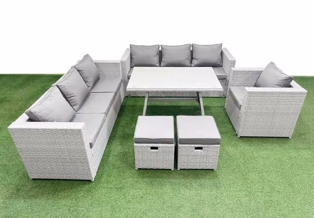 Fimous 9-Seater Patio Furniture Set with 3-Seater Sofa, Armchair and 2 Stools in Light Grey