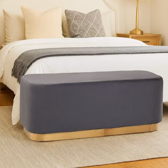 Orsina Grey Velvet Rectangle Stool with Gold Metal Base – 1