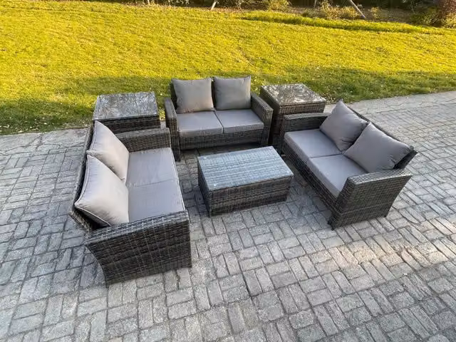 Fimous 6 Seater Dark Grey Rattan Garden Furniture Set with Upholstered Sofa, Coffee Table and 2 Side Tables