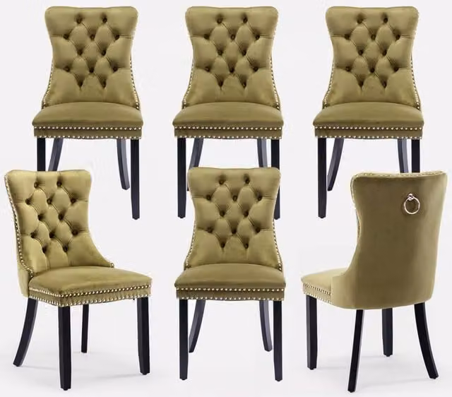 HomeTouch Romsey Set of 6 Green Velvet Upholstered Dining Chairs with Oak Legs and Knocker Ring Back