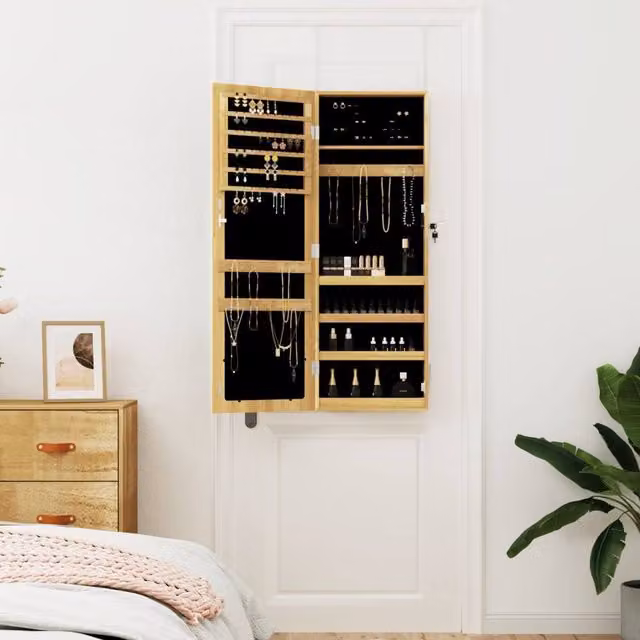 Berkfield Home Wall Mounted Mirror Jewellery Cabinet in Beige, W/D/H: 37.5 x 10 x 106 cm – 1