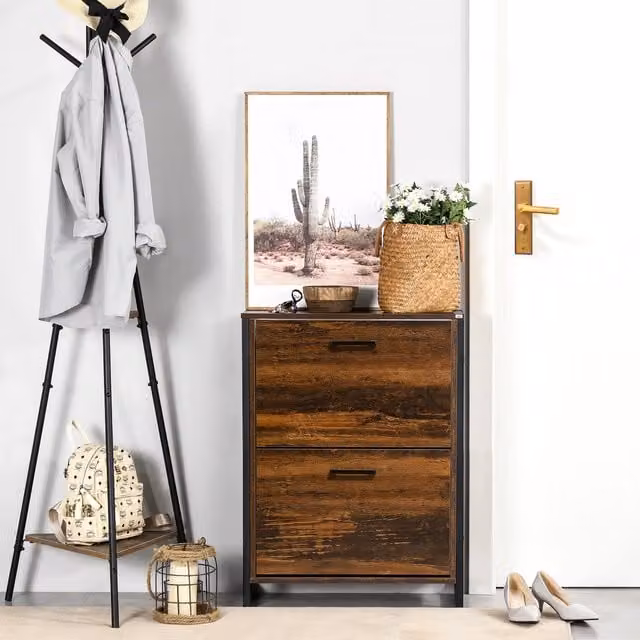 HOMCOM Industrial Narrow Shoe Cabinet in Brown with 2 Doors and 2 Drawers