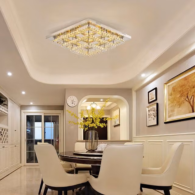 Livingandhome Crystal Square LED Ceiling Light in Silver and Chrome, 60 cm