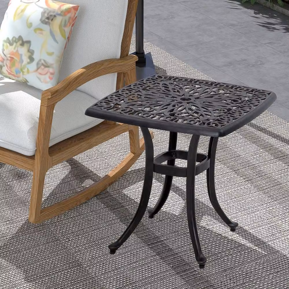 VOGREX Cast Aluminium Bistro Table with Umbrella Hole in Black and Bronze with Floral Design – 3