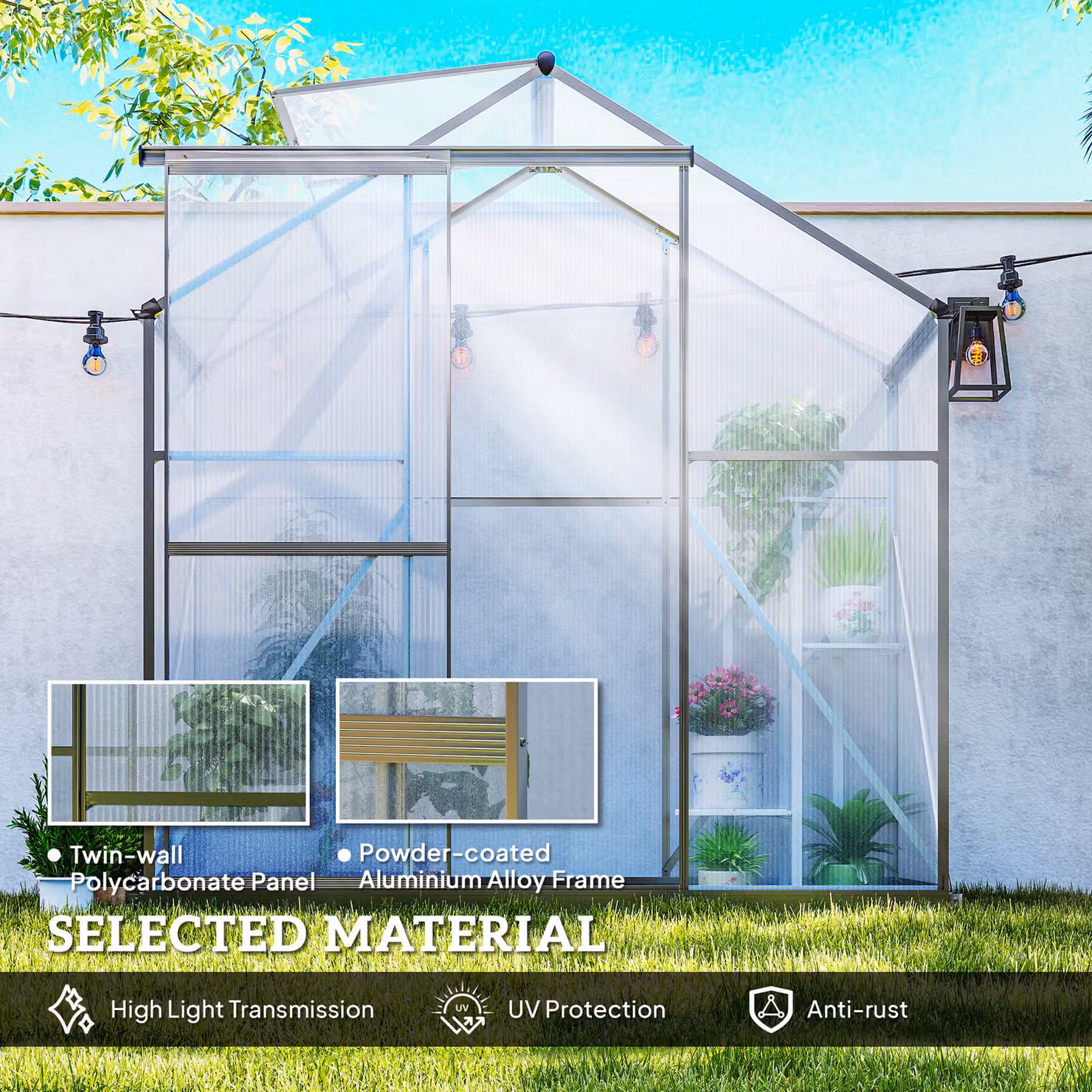 Outsunny Polycarbonate Walk-In Greenhouse with Sliding Door, Window, Rain Gutter and Foundation, Dark Grey, W/D/H: 182.88 x 70.0 x 172.0 cm – 3