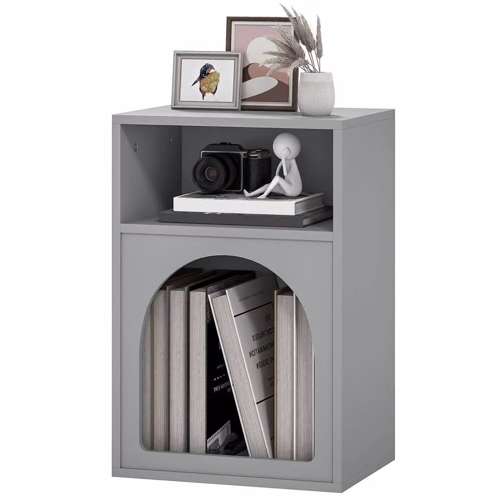 STILVORA Modern Grey Lacquered Bedside Table with 2 Open Compartments – 3