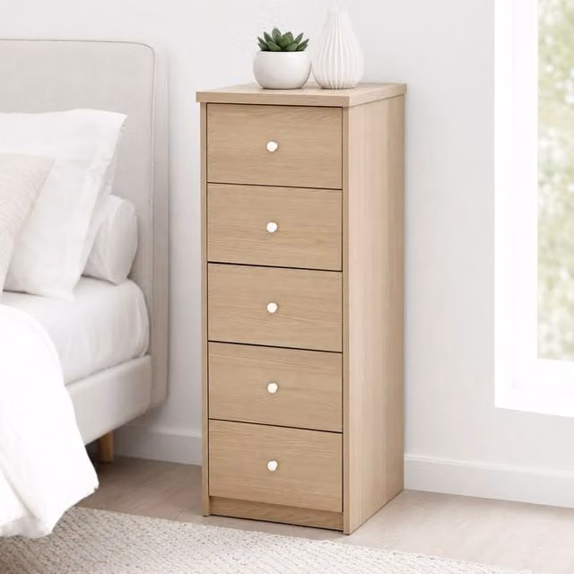 Freya 5 Drawer Narrow Chest in Smoked Oak Effect with Metal Runners