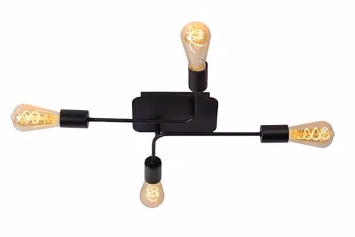 Lucide Lester Dimmable Black Metal Flush Ceiling Light with 4 x E27 Sockets, W/D/H: 39 x 39 x 9 cm