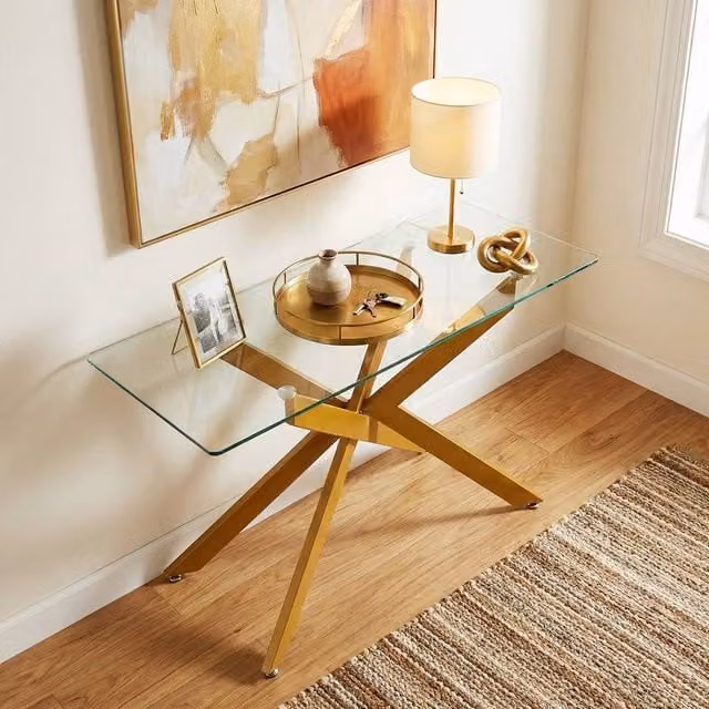 Costway Modern Glass Console Table with Clear Tempered Glass Top and Gold X-Frame, Width: 115 cm – 1