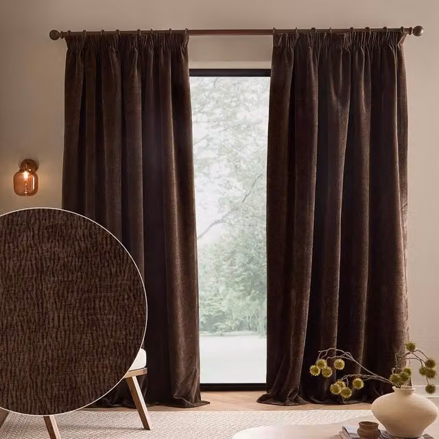 Yard Heath Brown Washed Velvet Fully Lined Pencil Pleat Curtain Pair, Width: 168 cm, Drop: 229 cm