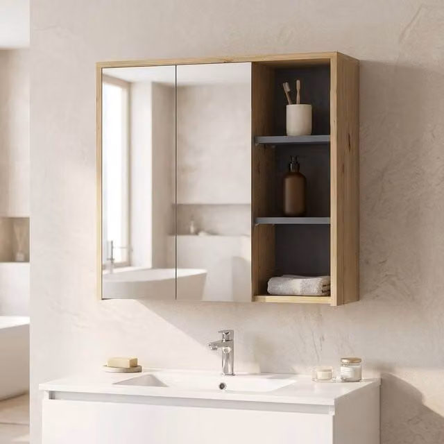 STILVORA Wall Mounted Bathroom Mirror Cabinet with Hinged Doors and Internal Shelves in Brown – 1