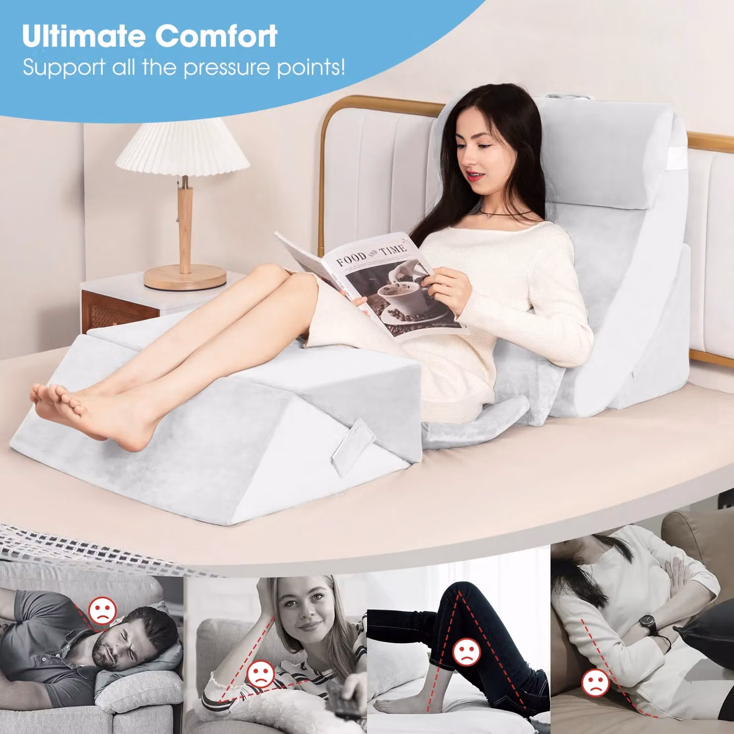 Costway 7 Piece Adjustable Memory Foam Bed Wedge Pillow Set in White and Grey – 2
