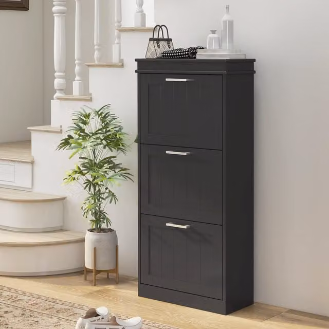 HOMCOM Minimalist Narrow Wall Mounted Shoe Cabinet with Tilting Compartments in Black and Grey Matt Finish