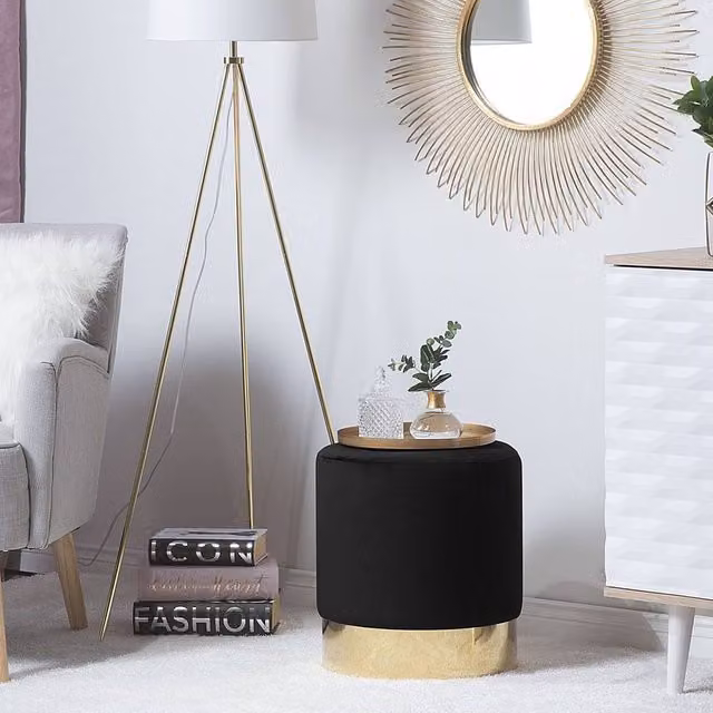 Wyld and Coco Living Velvet Round Footstool in Black with Gold Base – 1