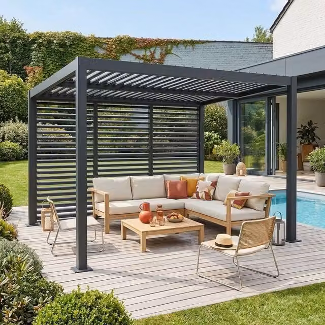 Sweekeek Dark Grey Louvered Pergola with 3 x 130cm Louver Panels, W: 400 cm, D: 300 cm – 1