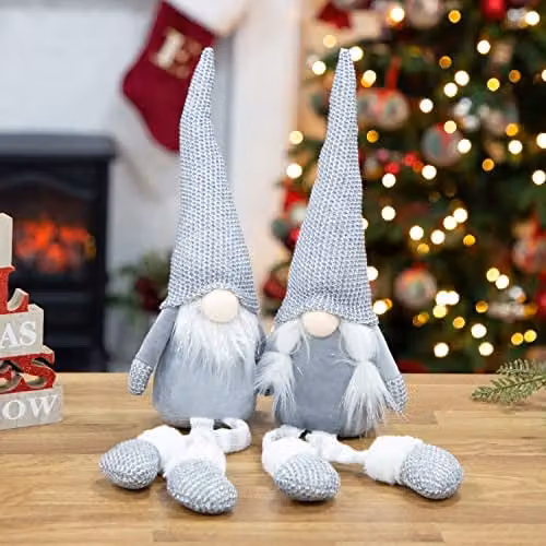 The Christmas Workshop 2-Pack Grey and White Felt Gnome Ornaments with Hanging Legs