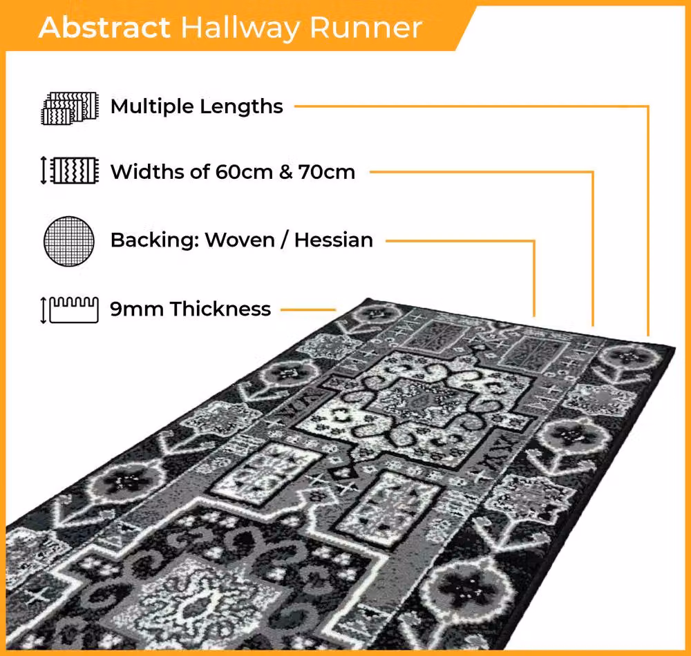 runrug Abstract Hallway Carpet Runner Rug in Black, W: 60 cm, L: 330 cm – 2