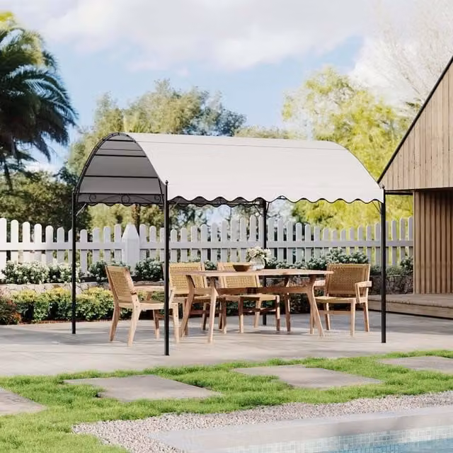 Breeins Metal Garden Pergola with Curved Roof and Sunshade Canopy in Beige, W: 3 m, D: 2.6 m, H: 3 m