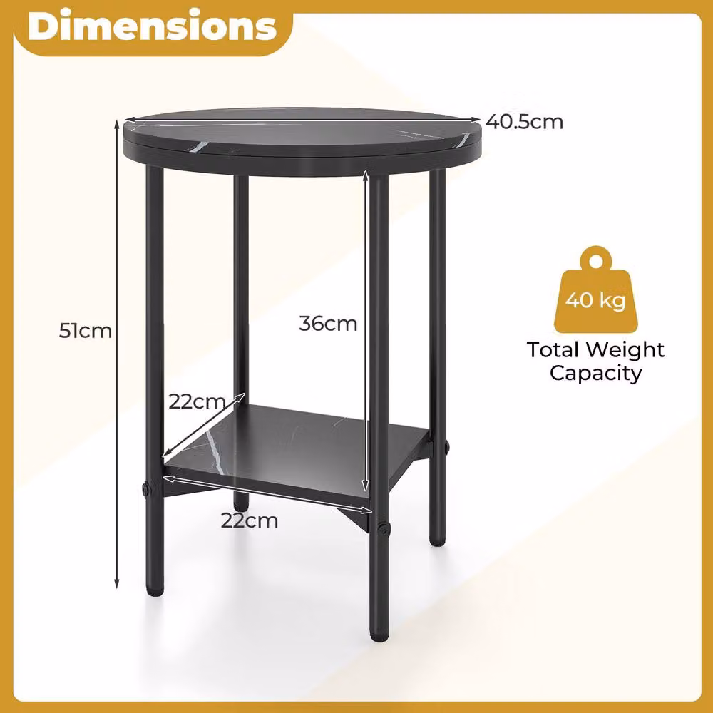 Gymax 2-Tier Round Side Table with Black Faux Marble Top and Metal X-Frame – 2