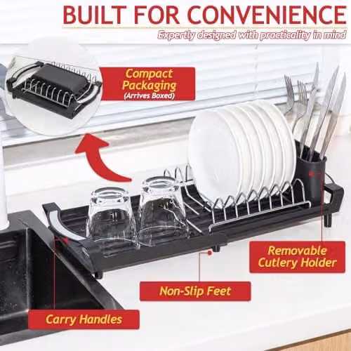 Spares2go Expandable Stainless Steel Dish Drainer with Cutlery Holder, Black – 6