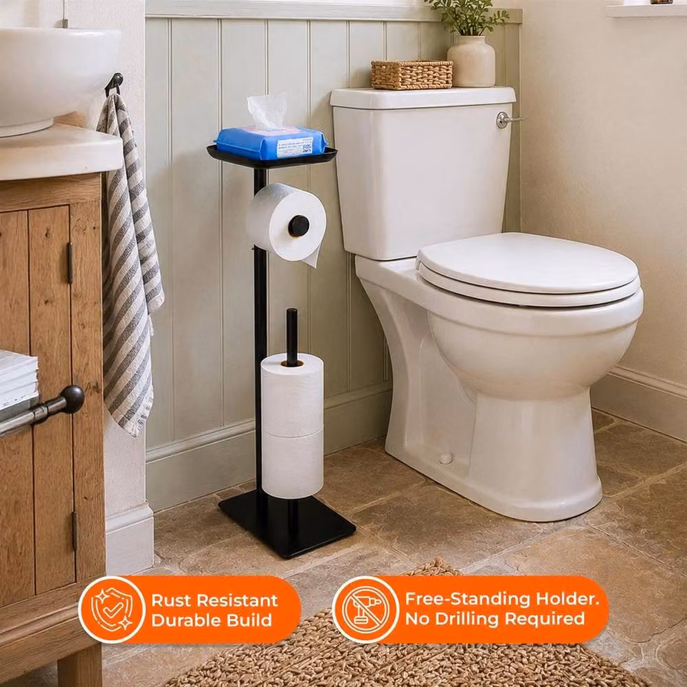 Kelvenix Freestanding Toilet Paper Holder with Top Shelf and Spare Roll Holder in Black, W: 180 cm, H: 180 cm – 2