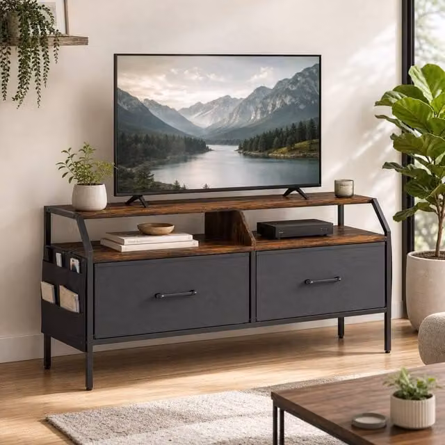 STILVORA TV Stand with Drawers and Side Pockets in Rustic Brown