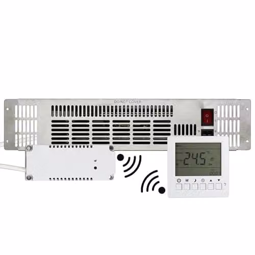TCP 2kW Stainless Steel Plinth Fan Heater in Silver with Programmable RF Thermostat and 7-Day Timer
