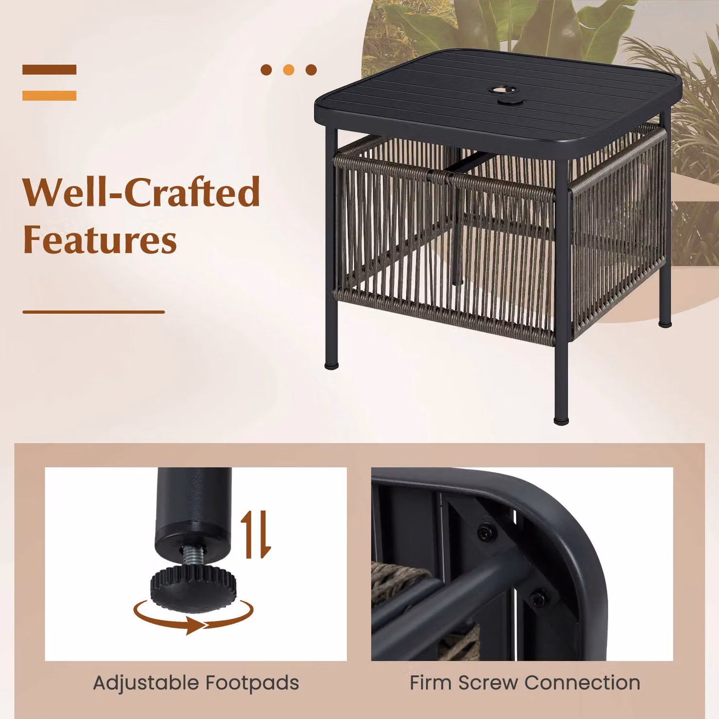 Gymax Outdoor Square PE Rattan Side Table in Dark Grey with 5cm Umbrella Hole – 6