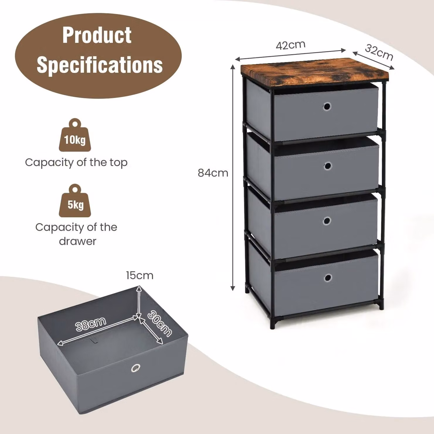 Costway 4-Tier Fabric Dresser and Storage Organizer Tower in Grey – 2