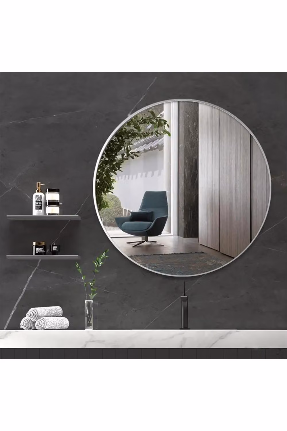 Living and Home Nordic Round Silver Metal Frame Wall Mirror, Diameter: 40 cm – 3
