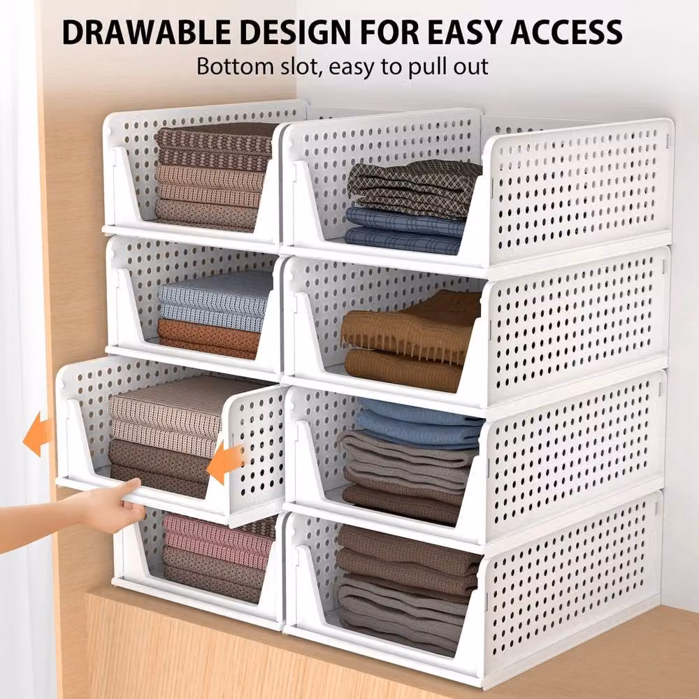 VOGREX 4-Piece Stackable and Foldable Plastic Wardrobe Storage Baskets in White – 2