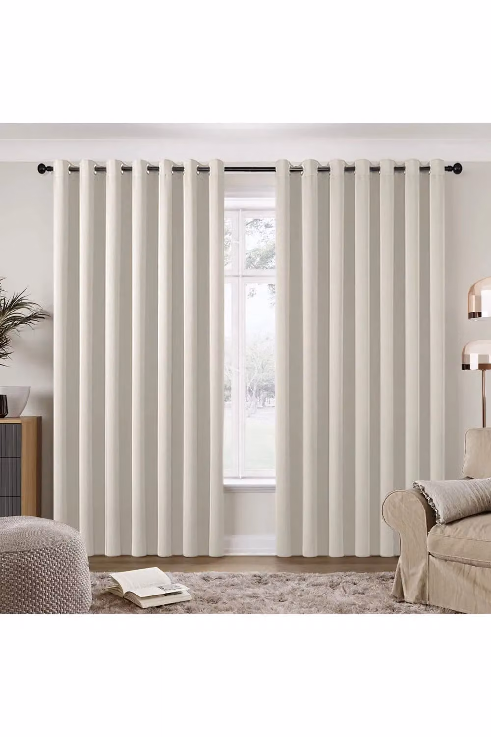 H&O Direct Beige Plain Polyester Blackout Thermal Insulating Eyelet Curtains, Pair, W: 229 cm, H: 229 cm