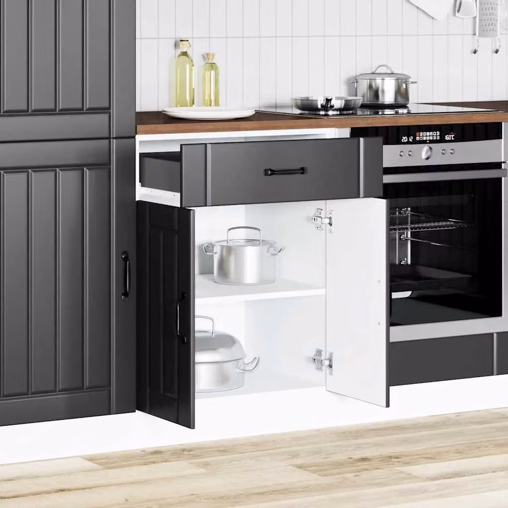 Berkfield Home Lucca Black Matt MDF Freestanding Kitchen Sink Base Cabinet with Hinged Doors and Internal Shelves – 2